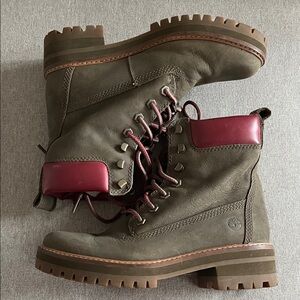 Timberland Courmayeur Valley Olive Green Boots with Burgundy Highlights